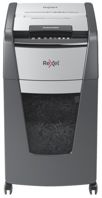 Distrugator documente automat REXEL OPTIMUM 225X, P4, cross-cut (confeti), 225 coli, cos 60l, negru-