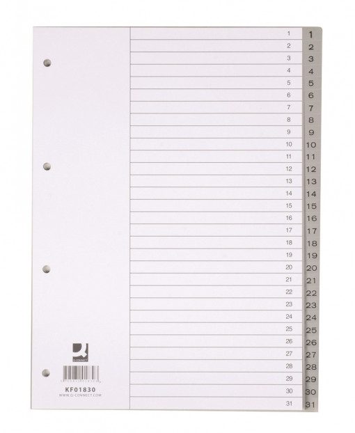 Index plastic Q-Connect A4 numerotat 1-31 120 microni gri
