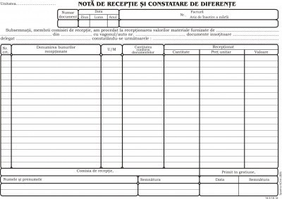 Notă de recepție și constatare de diferențe (NIR), hârtie autocopiativă, A4, 2 exemplare/set, 50 seturi, 100 file