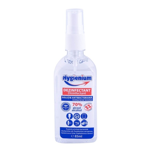 Soluție dezinfectantă, virucidă și antibacteriană pentru mâini, pe bază de alcool, cu pulverizator, Hygienium 85 ml, avizat Ministerul Sănătății