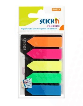 Stick index plastic transparent color 42 x 12 mm, 5 x 25 file/set, Stick"n - 5 culori neon - săgeată