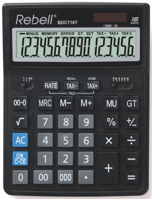 Calculator de birou, 16 digits, 206 x 155 x 35 mm, dual power, Rebell BDC 716M - negru