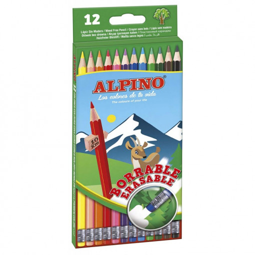 Creioane colorate cu guma,12 culori/set, Erasable ALPINO