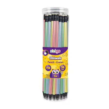 Creioane HB cu guma de sters, Strigo lemn negru, corp pastel metalic