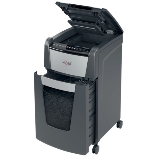 Distrugator de documente automat REXEL OPTIMUM 300M, P5, micro-cut (particule), 300 coli, cos 60l, negru