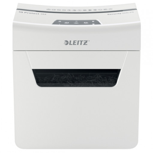 Distrugator documente manual LEITZ IQ Protect 3M, P5, micro-cut (particule), 3 coli, cos 10l, alb