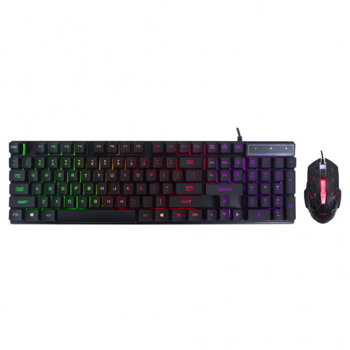 KIT Gaming Tastatura si Mouse Spacer SP-GK-01 cu fir, USB, tastatura RGB rainbow + mouse optic 7 culori,