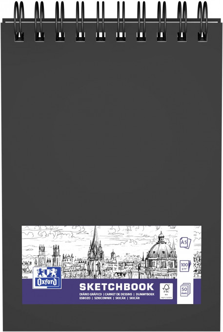 Caiet pentru schite A5, OXFORD Sketchbook, 96 file-100g/mp, coperta carton rigida - negru