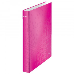 Caiet mecanic Leitz WOW A4 2 inele 25mm carton laminat parțial reciclat – design vibrant, mecanism 2DR, ideal pentru organizare sustenabilă.