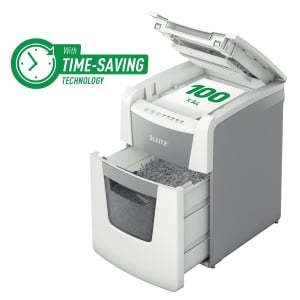 Distrugator documente automat Leitz IQ Small Office, P5, micro-cut, 100coli, cos 34l, alb-gri