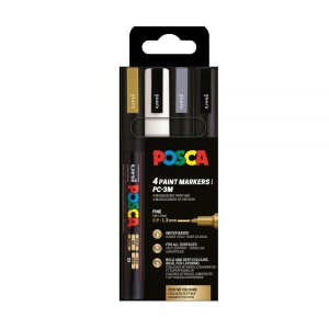 Set 4 culori markere UNI Posca PC-3M, vârf rotund, 0.9-1.3mm, (negru, argintiu, auriu, alb)