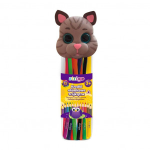 Set creioane colorate triunghiulare Strigo, 12 culori, lemn de tei, mină 3mm, cutie Pisicuțe