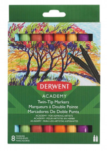 Set markere 2 capete Derwent academy, vârf tesit, 8 buc/set