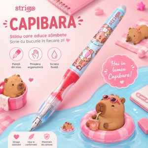 Stilou Strigo cerneală cu ștergere + 2 rezerve + dispozitiv curățare, în blister, Capybara roz