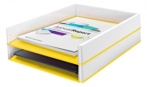 Tăviță documente Leitz WOW A4 C4 suprapozabilă, design dual-color, ideală pentru organizarea documentelor.