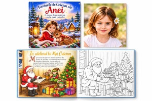 Carte de Crăciun personalizată cu poza și numele copilului – Aventurile de Crăciun, 20 × 20 cm