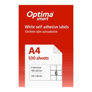 Etichete albe autoadezive Optima Smart, 6/A4, 210 x 48 mm, 100 coli/top