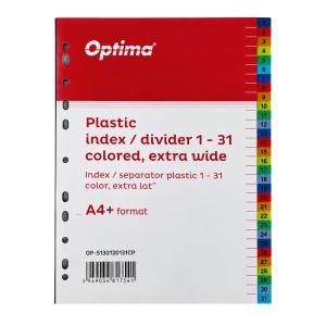 Index plastic color Optima, A4+, extra wide, 120 microni, numeric 1-31
