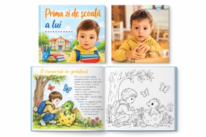 Carte personalizată cu poza și numele băiatului – Prima zi de școală | Poveste și activități de colorat, 20 × 20 cm