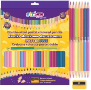 Creioane colorate duble Strigo, 24 bucati, 48 culori pastel, triunghiulare, cu ascutitoare