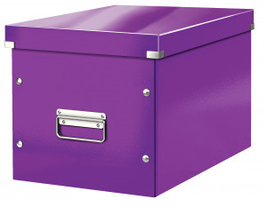 Cutie depozitare carton premium Leitz Click & Store Cub Medie, finisaj laminat glossy, mânere metalice