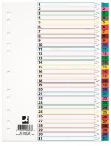 Index carton alb Q-Connect Mylar numeric 1-31, margine PP color, A4, 170g/mp