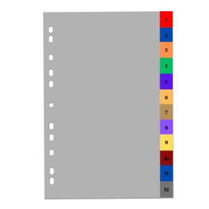 Index plastic color Optima, A4+, extra wide, 120 microni, numeric 1-12