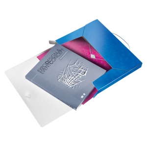 Mapa plastic cu burduf LEITZ WOW A4 30mm, cu elastic și etichetă pe cotor, capacitate 250 coli – ideală pentru organizarea documentelor.