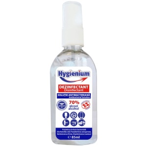 Soluție dezinfectantă, virucidă și antibacteriană pentru mâini, pe bază de alcool, cu pulverizator, Hygienium 85 ml, avizat Ministerul Sănătății
