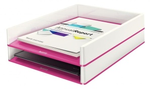 Tăviță documente Leitz WOW A4 C4 suprapozabilă, design dual-color, ideală pentru organizarea documentelor.
