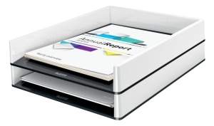 Tăviță documente Leitz WOW A4 C4 suprapozabilă, design dual-color, ideală pentru organizarea documentelor.