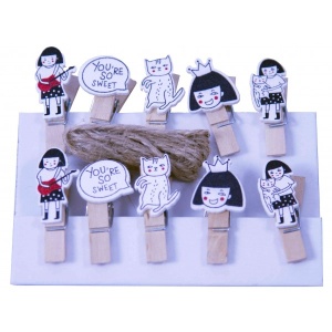 Accesorii creație Colorarte, lemn, cârlig fetiță/pisica, natur, 3.5cm, set 10 buc