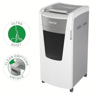 Distrugator de documente automat LEITZ IQ Office, P4, cross-cut (confeti), 600 coli, cos 110l, alb-gri7