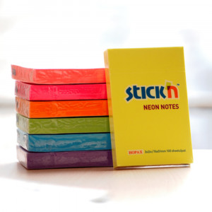 Notes autoadeziv Stick'n, 76 x 51 mm, 100 file, neon
