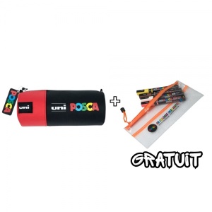 Penar echipat cu 16 markere UNI Posca, negru cu rosu, (6x5M, 6x3M, 4x1MR)