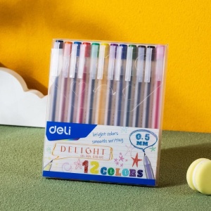 Set 12 bucati pixuri cu gel Deli Delight, cu mecanism, 0.5 mm, diverse culori3