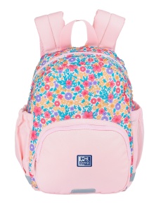 Rucsac grădiniță Oxford Flowers, 1 compartiment, 23 x 31 x 12 cm, compatibil format A4, buzunar frontal cu fermoar, buzunare laterale cu elastic, bareta torace reglabilă, mâner, etichetă nume, cutie snack izotermă, poliester reciclat, culoare roz