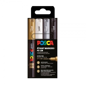 Set 4 culori markere UNI Posca PC-1M, vârf rotund, 0.7mm, (negru, argintiu, auriu, alb)