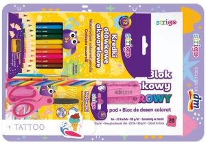 Set complet rechizite Strigo Blister (Bloc A4 multicolor, rigla, foarfecă, creion curcubeu, creioane colorate acuarelă, ascuțitoare, 12 Tatuaje)