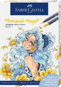 Set Faber-castell Romantic manga no.1, 8 bucati, sketch markere goldfaber + 2 pitt artist pen + creion grafit