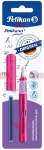 Stilou Pelikano junior, peniță A, grip ergonomic, pentru dreptaci, 1 patron mare albastru inclus, roz, blister