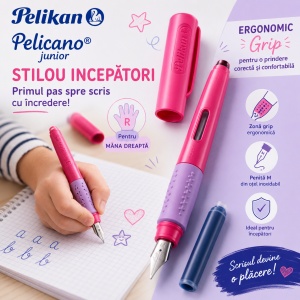 Stilou Pelikano Junior, peniță A, grip ergonomic, pentru dreptaci, 1 patron mare albastru inclus, roz, blister