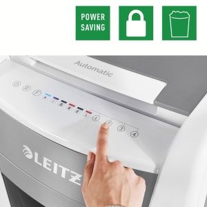 Distrugator de documente automat LEITZ IQ Office, P4, cross-cut (confeti), 600 coli, cos 110l, alb-gri8