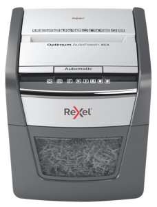Distrugator documente automat Rexel Optimum 45X, P4, cross-cut (confeti), 45 coli, cos 20l, negru-g