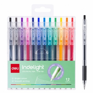 Set 12 pixuri cu gel Deli Indelight, cu mecanism, 0.5 mm, diverse culori
