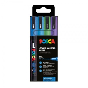 Set 4 culori reci markere UNI Posca PC-3ML, vârf rotund, 0.9-1.3mm, cu sclipici