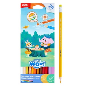 Set creioane colorate plastic cu gumă Deli, 24 culori