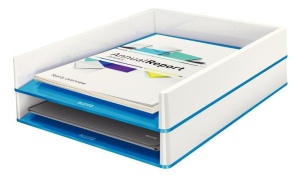 Tăviță documente Leitz WOW A4 C4 suprapozabilă, design dual-color, ideală pentru organizarea documentelor.