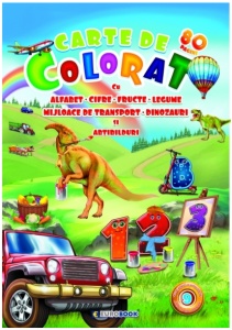 Carte de colorat - Alfabet, cifre, Fructe, legume, mijloace de transport Dinozauri