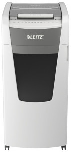 Distrugator de documente automat LEITZ IQ Office, P4, cross-cut (confeti), 600 coli, cos 110l, alb-gri
